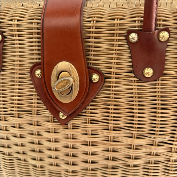 Vintage Marchioness 50s Woven Basket Top Handle Purse Bag Leather Turn Lock - Picture 8 of 11